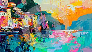 The Amalfi Coast as a vibrant Abstract oil painting and brushstroke painting