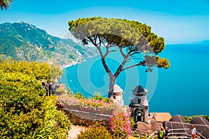 Amalfi Coast with Gulf of Salerno from Villa Rufolo gardens in Ravello, Campania, Italy