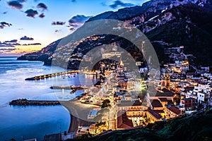 Amalfi coast Salerno, Positano, Campania, Italy. Night city view at sunset.