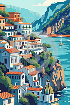 Amalfi Coast travel poster, design with picturesque view and traditional buildings