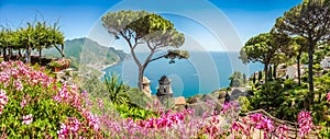 Amalfi Coast from Villa Rufolo gardens in Ravello, Campania, Italy