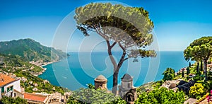 Amalfi Coast from Villa Rufolo gardens in Ravello, Campania, Italy