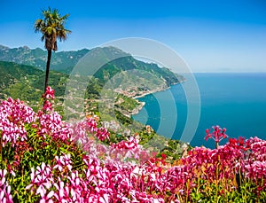 Amalfi Coast from Villa Rufolo gardens in Ravello, Campania, Italy photo