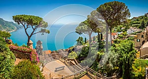Amalfi Coast from Villa Rufolo gardens in Ravello, Campania, Italy