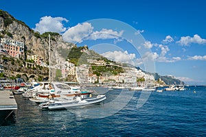 Amalfi harbor with lots of boats