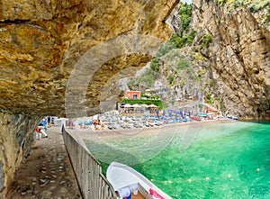 Landscape with amazing Marina di Praia beach at famous amalfi coast, Italy