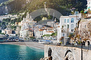 Amalfi panoramic view of sea, beach and houses, Amalfi coast, Italy