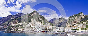 Amalfi, Panoramic view of the town on Amalfitana coast in Italy