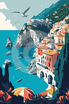 Amalfi. Seaside town in Italy. travel to Positano. landscape background Vector illustration