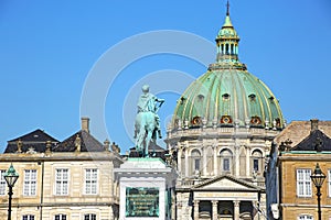 Amalienborg Palace Square with a statue of Frederick V on a horse. Copenhagen, Denmark.