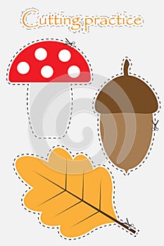 Amanita, acorn and oak leaf in cartoon style, cutting practice, education game for the development of preschool children, use scis