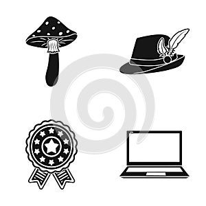 Amanita, hat with feather and other web icon in black style. emblem of hero, laptop icons in set collection.