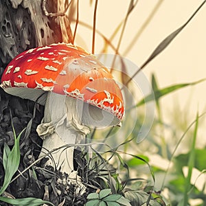 Amanita magic Large mushroom with distinctive red hat close up