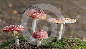 Amanita muscaria fly agaric red mushrooms with white spots in grass