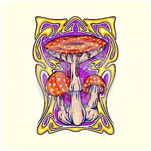 Amanita mushroom with trippy vintage frame logo illustrations