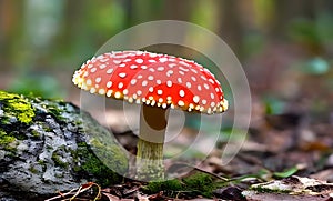 Amanita poisonous mushroom in the woods