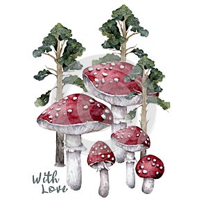 Amanitas and pines. Watercolor mushrooms in the forest illustration. Fly agaric. Forest, clearing, mycelium. Autumn