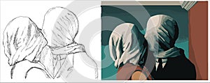 `Less amants` Digital hand drawing vector of famous postmodernist painting