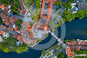 Amarante drone aerial top view with beautiful church and bridge in Portugal at sunrise