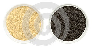 Amaranth grain in white bowls, seeds of black and white Amaranthus