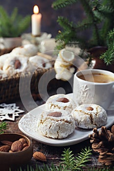 Amaretti Cookies. Gluten-free Italian Almond Cookies, coffe and New Year decoration