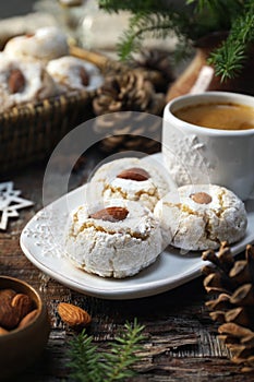 Amaretti Cookies. Gluten-free Italian Almond Cookies, coffe and New Year decoration