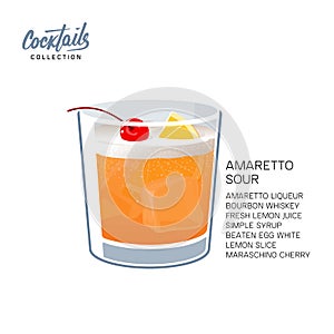 Amaretto sour cocktail drink lemon cherry vector illustration