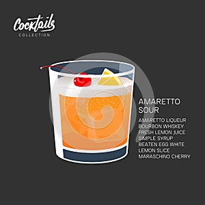 Amaretto sour cocktail drink lemon cherry vector illustration