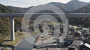 Amarube Viaduct over small Japanese Town in Hyogo  Aerial View