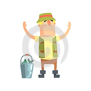 Amateur Fisherman In Khaki Clothes Bragging About The Size Of The Fish He Caught Cartoon Vector Character And His Hobby