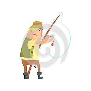 Amateur Fisherman In Khaki Clothes Placing A Worm Bait On Hook Cartoon Vector Character And His Hobby Illustration