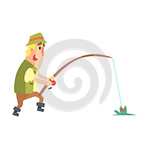 Amateur Fisherman In Khaki Clothes Seeing The Fish To Take The Bait Cartoon Vector Character And His Hobby Illustration