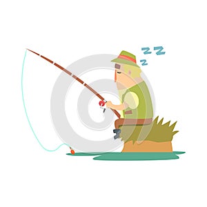 Amateur Fisherman In Khaki Clothes Sleeping On River Bank With Fishing Rod Cartoon Vector Character And His Hobby