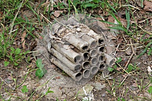 Amateur pyrotechnics fireworks box with sixteen shots discarded in nature after use