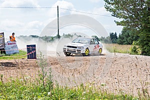 Amateur rally, dirt road, car with rider. Latvia 2018