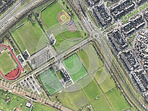 Amateur sports field, aerial top down images, outlines of different types of sports fields. Complex facility overview