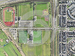 Amateur sports field, aerial top down images, outlines of different types of sports fields. Complex facility overview