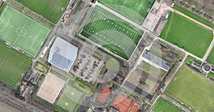 Amateur sports field, aerial top down view, outlines of different types of sports fields. Complex facility overview. The