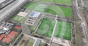 Amateur sports field, aerial top down view, outlines of different types of sports fields. Complex facility overview. The