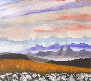 Amateur watercolor drawing of mountains in fog and fields against an evening sky