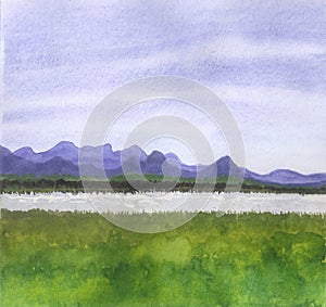 Amateur watercolor drawing of a river in a green valley, against a background of mountains and blue sky