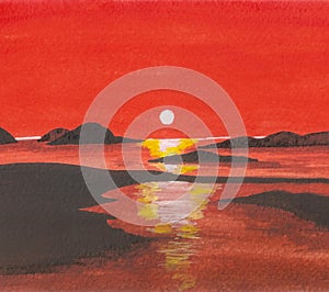 Amateur watercolor drawing of the sea and the evening sun setting over the horizon against a red sky