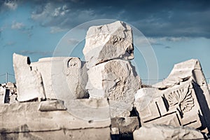 Amathus, Cyprus. Stone pieces with an ancient carving