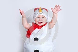 Amazed attractive baby girl in Christmas costume having fun . Close-up portrait little girl in snowman costume