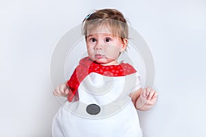 Amazed attractive baby girl in Christmas costume having fun . Close-up portrait little girl in snowman costume