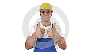 Amazed builder contractor is showing thumbs up Happy about result of his work on white background.
