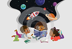 Amazed dark skin kids reading fantasy cosmos book storybook open space galaxy travel by spaceship