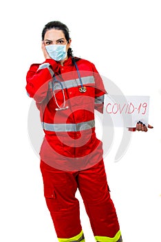 Amazed emergency doctor with covid19 sign