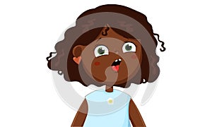 Amazed Funny Little Black skin Girl Cartoon Character Illustration.Suprised cute child isolated white backround.Vector
