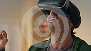 Amazed gamer playing metaverse office closeup. Headset man exploring cyberspace